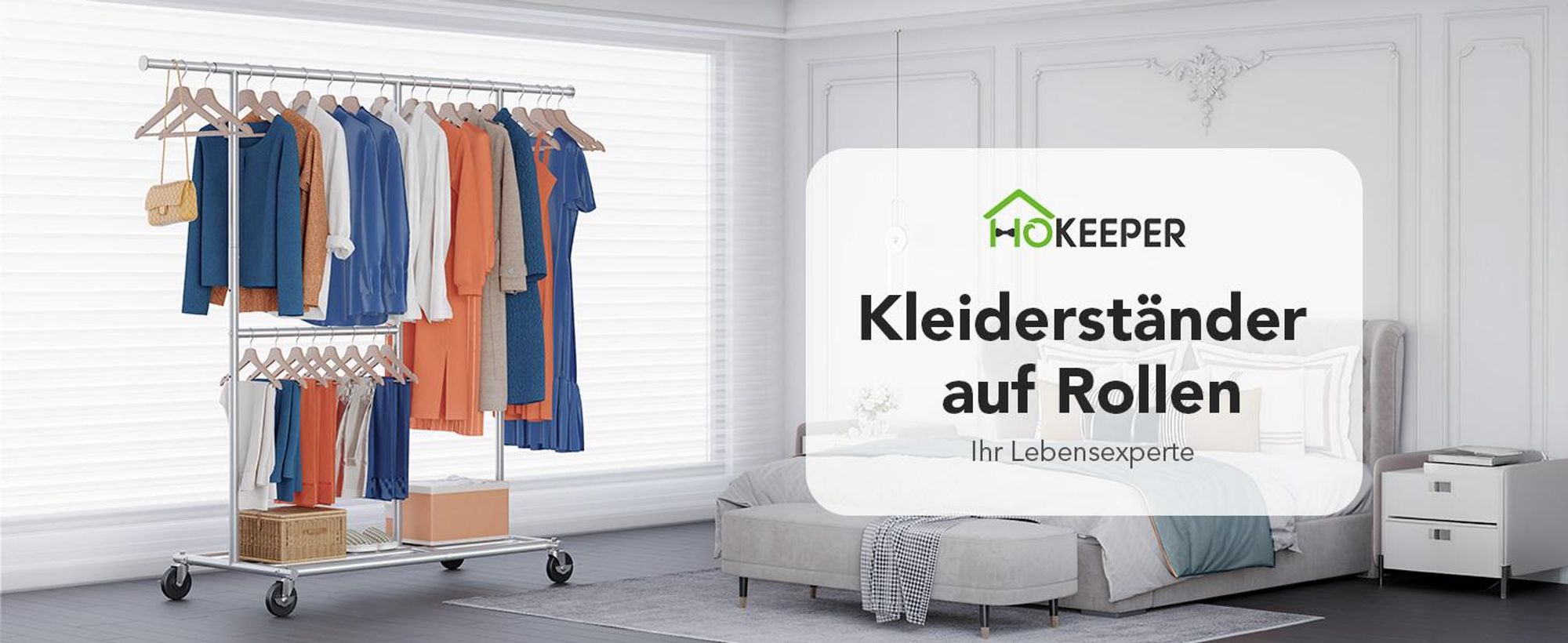 HOKEEPER Schwerlast Kleiderständer auf Rollen, Kleiderstange mit unterem Gestell, 2-stufiger mobiler Garderobenständer, mit verstellbaren Kleiderwagen