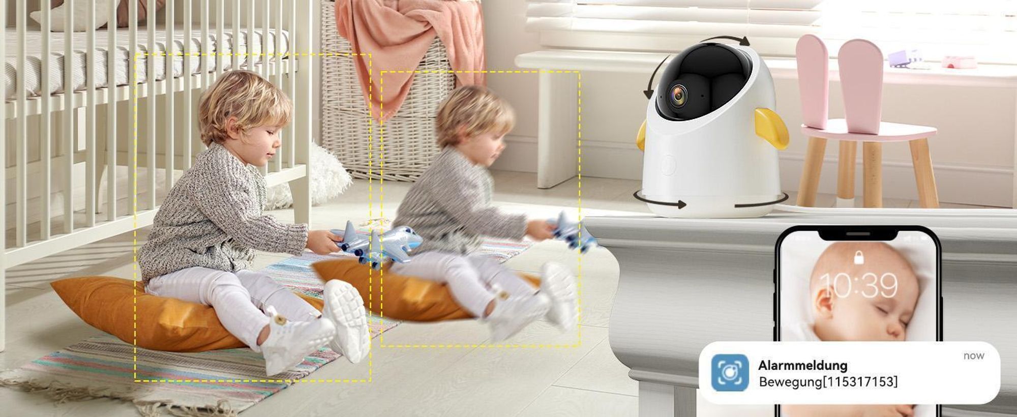 5" Babyphone mit Kamera APP 360° WLAN Video Babyfone RGB Nachtsicht Weinen/Bewegungs/Geräusch-Erkennung Temperaturanzeige mit Halterung & 2*32G Karte