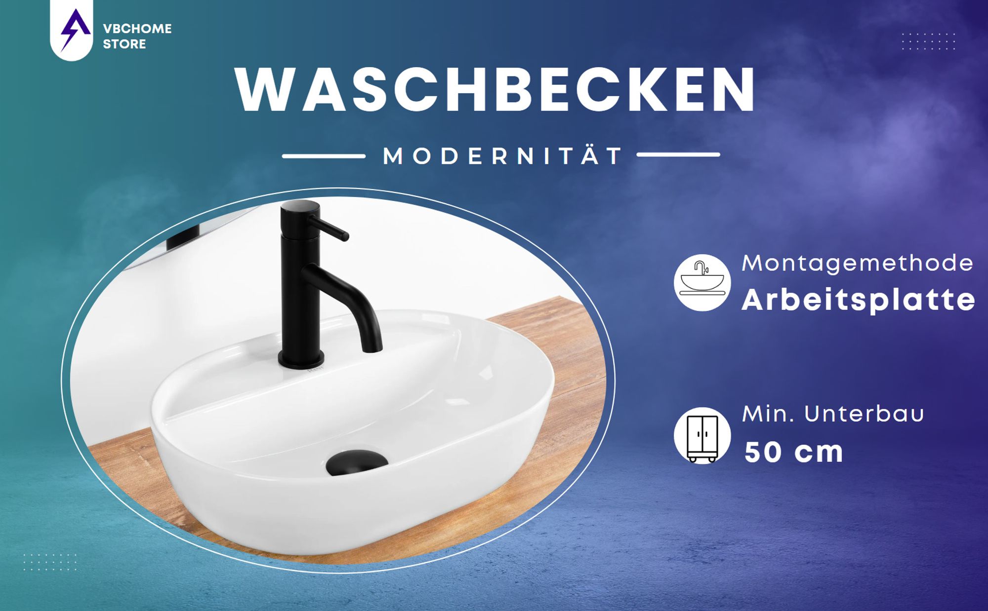 VBChome Badmöbel 50 cm Weiß Aufsatzwaschbecken mit Hahnloch 42x30 cm Aufsatzwaschtisch mit Waschbeckenunterschrank 2 Schubladen Badezimmerschrank