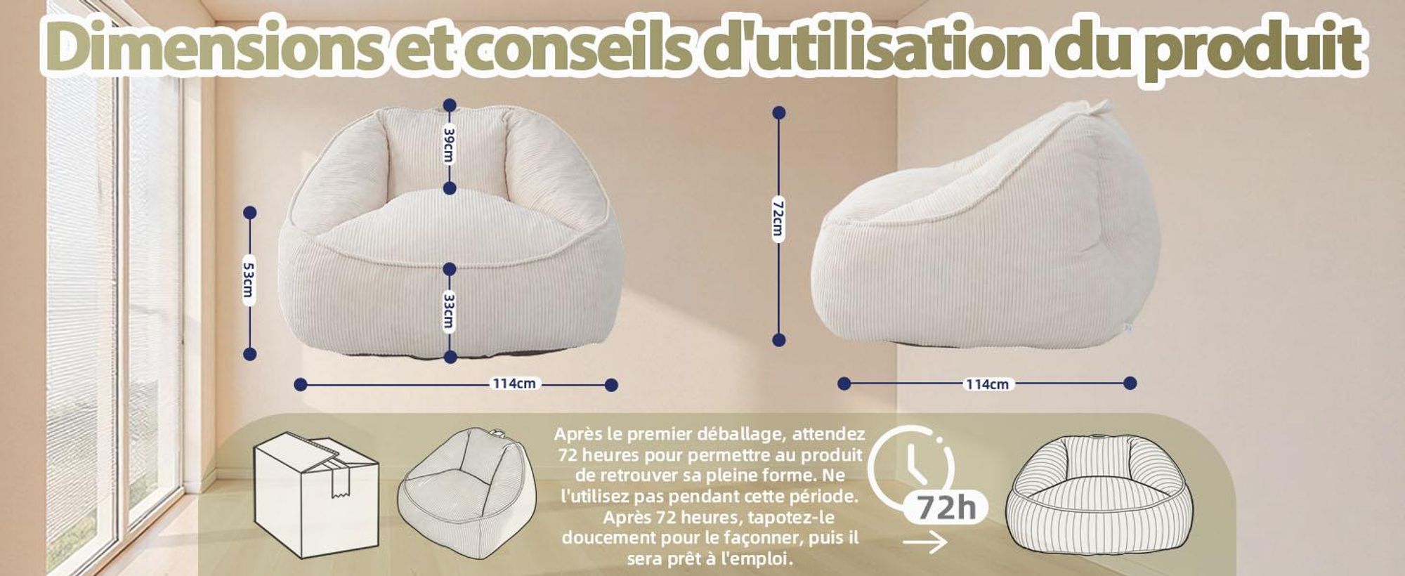 Pouf géant pour adulte, rembourrage en mousse déchiquetée, canapé de sol moelleux, forme poire, beige