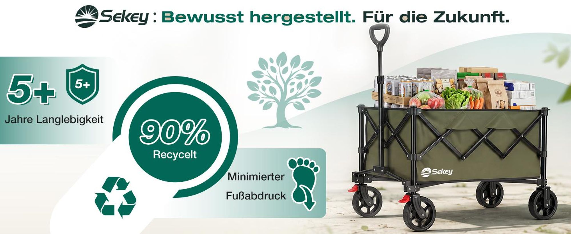 Sekey Bollerwagen faltbar 150 kg mit Bremsen, klappbarer Handwagen für Garten und Ausflug, Grün