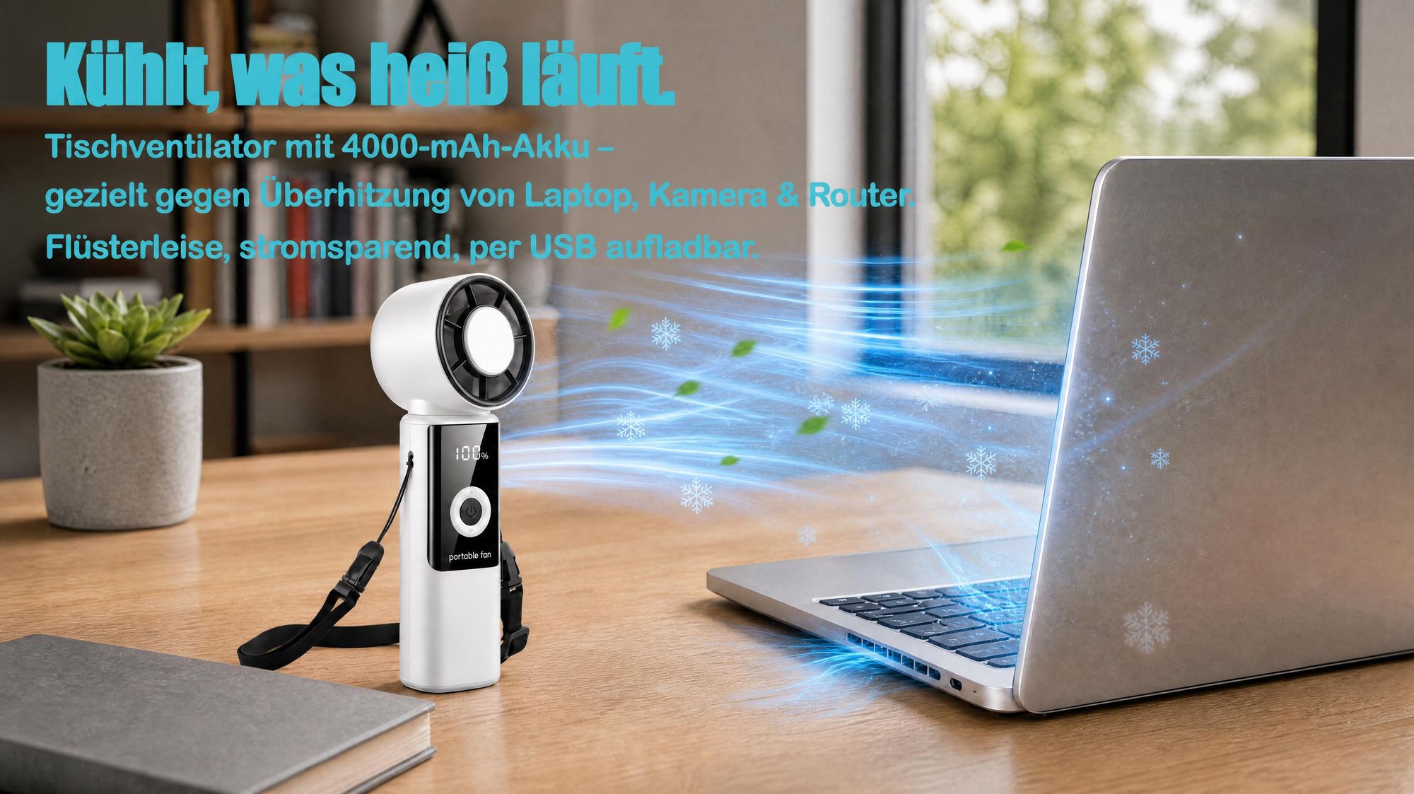 Tragbarer Handventilatoren USB, Faltbar Mini Ventilator Leise mit 4000 mAh Akku bis 16 Std. Laufzeit, LED-Display, 1-199 Geschwindigkeitsstufen, Weiß