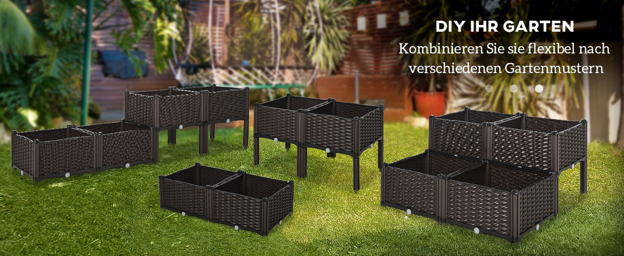 Outsunny Hochbeet, 4-teiliger Pflanzkasten mit Abflusslöchern, Blumenkasten im Rattan-Look, PP, Braun, 40 x 40 x 44 cm