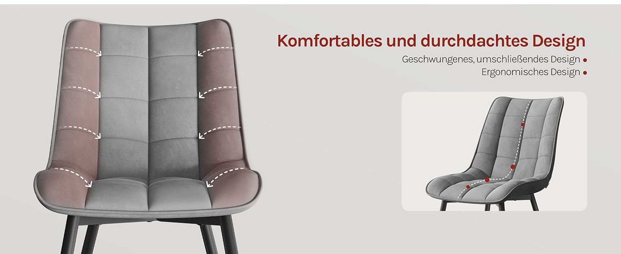 WOLTU Esszimmerstühle 2er-Set, Polsterstuhl mit Rückenlehne, bis 150 kg belastbar, Sitzfläche aus Samt, Metallbeine, Hellgrau