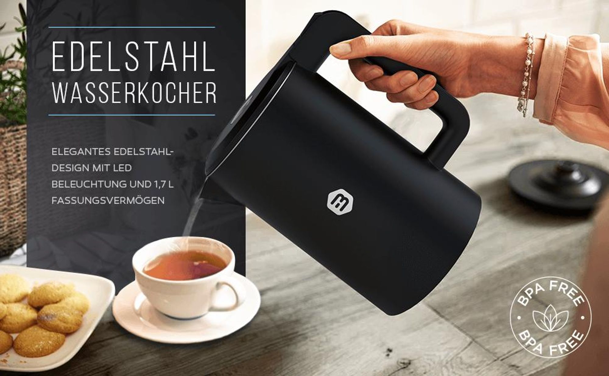 Balter Wasserkocher Edelstahl WK-4, 1,7 Liter, elektrischer Wasserkocher, Doppelwand Design, BPA frei, LED, kabellos, Teekocher Kompakt, Schwarz