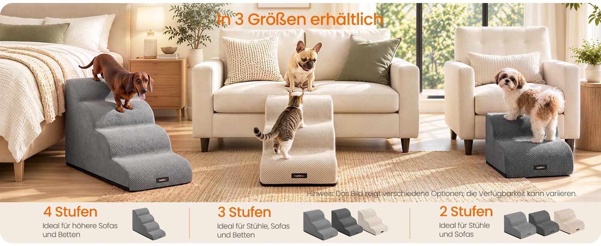 FEANDREA Hundetreppe für Kleine Hunde 3 Stufen Schaumstoff Hunderampe Rutschfest 57 x 40 x 40 cm Beige