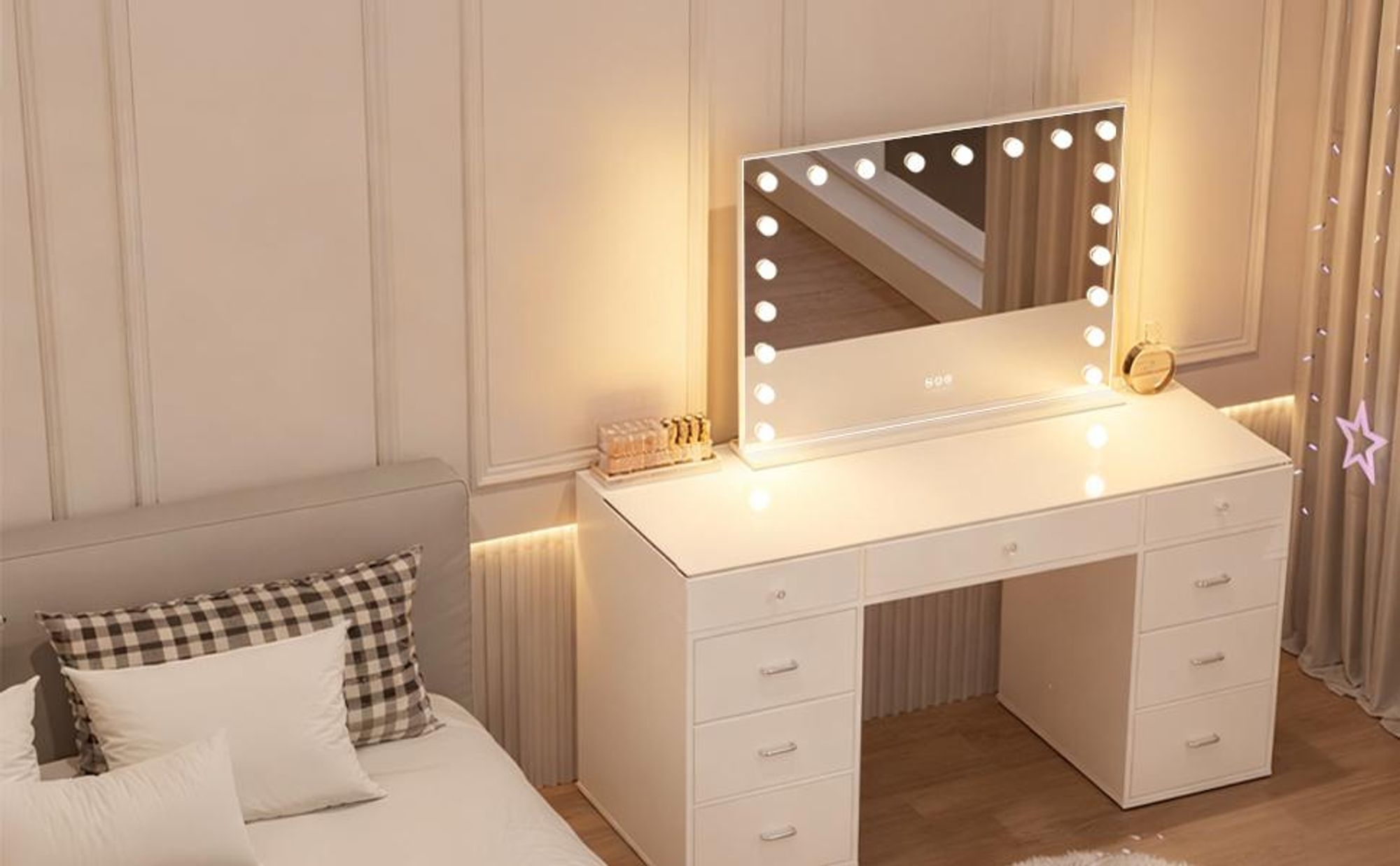 VANITII Hollywood Schminkspiegel 100cm x 80cm mit Beleuchtung 20 Dimmer Leuchten 3 Lichtmodus Kosmetikspiegel für Badzimmer Schminktisch Weiß