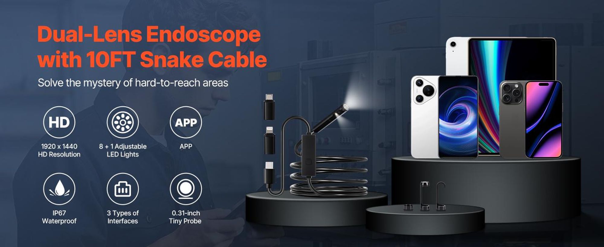 VEVOR Endoskopkamera mit Licht, Dual-Linsen-Boreskop für Android & IOS, 1920P HD Inspektionskamera mit 8 + 1 LED-Licht, 2X Zoom, 5m Schlangenkabel, IP67 wasserdichte Schlangenkamera für Auto, Sanitär, 3 m-a, Doppellinse-a
