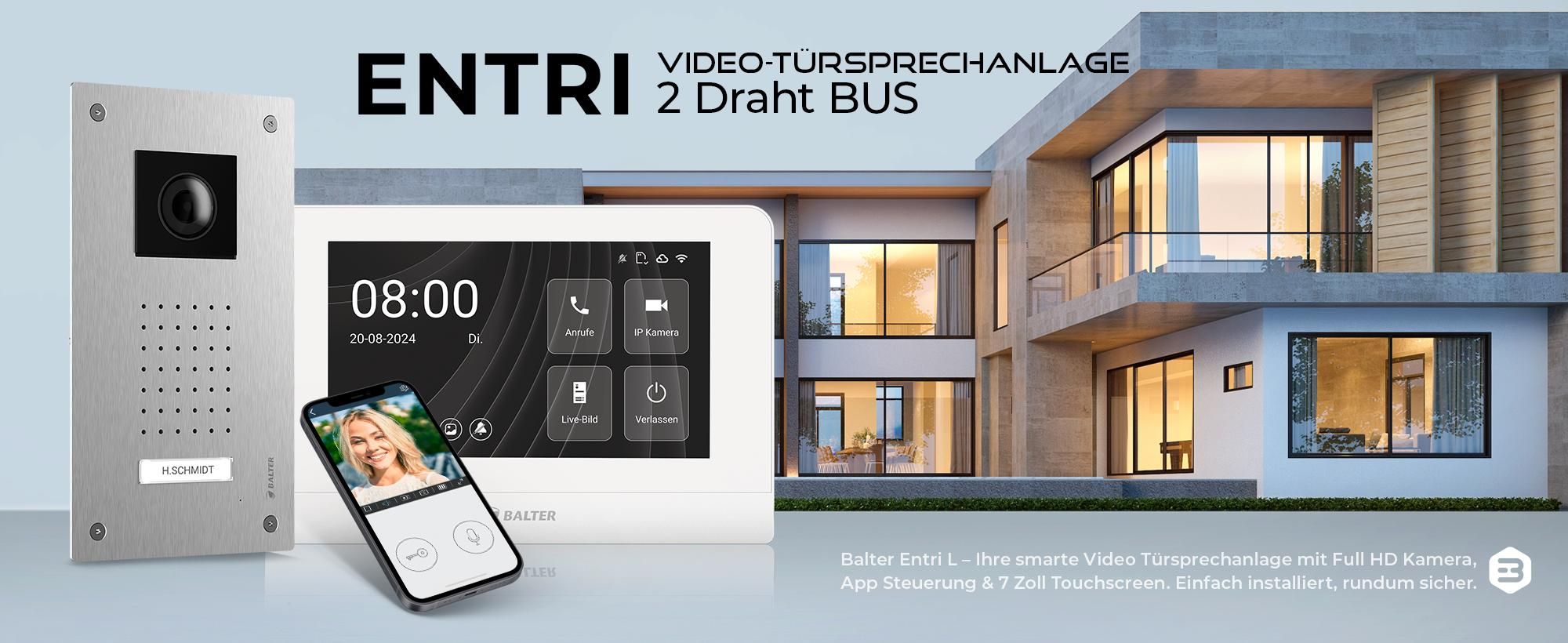 Balter ENTRI L Video Türsprechanlage, Video Türklingel, 1 Familienhaus mit 2x 7-Zoll HD Monitor, 2-Draht, Unterputz, App-Steuerung, Full HD Kamera