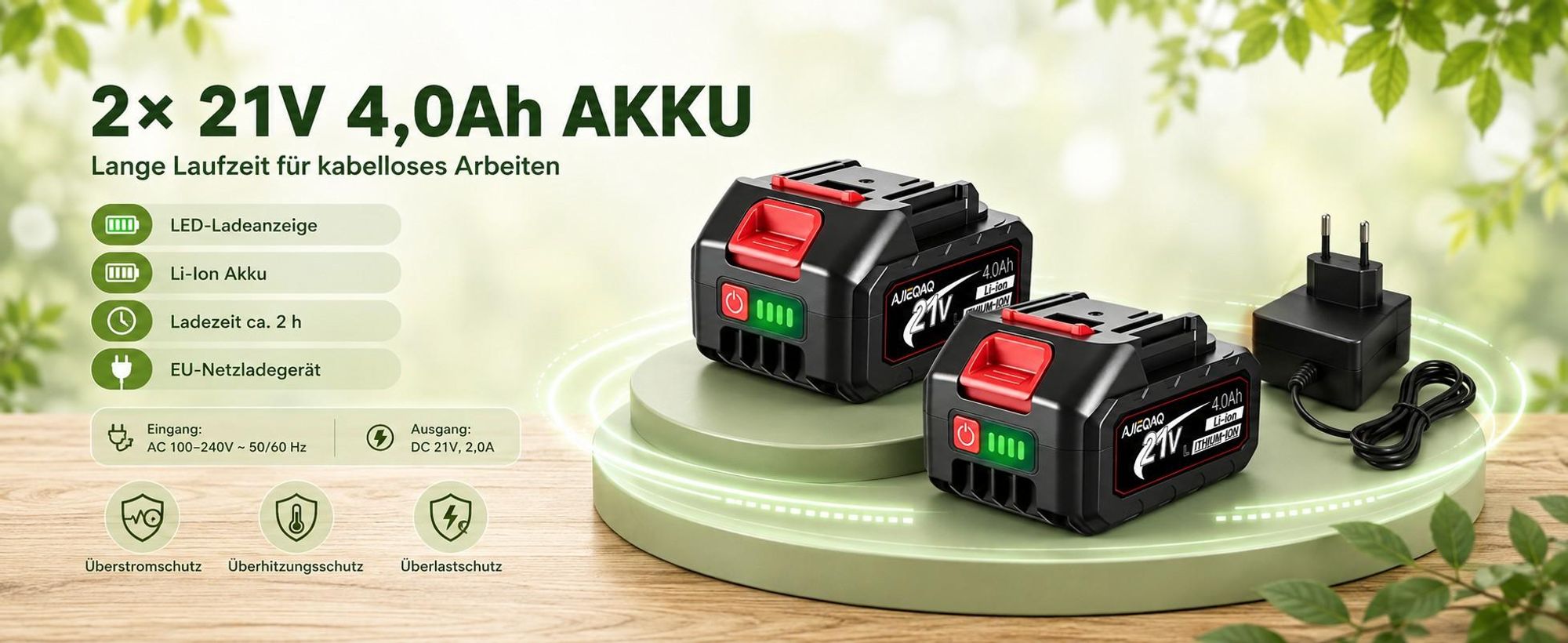 4-in-1 Akku-Hochentaster 21V Brushless, 6" Mini-Kettensäge & 40 mm Astschere, 2×4,0Ah Akkus, Teleskopstiel bis 205 cm