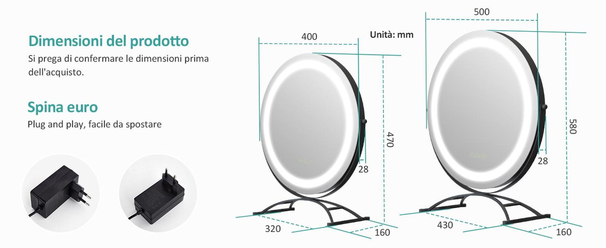 Specchio da trucco EMKE con illuminazione, specchio Hollywood con 3 colori di luce, specchio da trucco smart touch control con luce ruotabile a 360°, luminosità regolabile e funzione di memoria (Φ400mm, nero)
