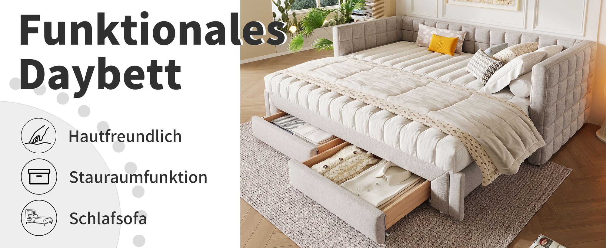 okwish Daybett, Jugendbett Kinderbett Tagesbett, Ausziehbett Sofabett 90 x 200cm,t mit quadratischer Rückenlehne,(ausziehbar auf 180 Queensize), 2 Schubladen, ohne Matratze, Beige