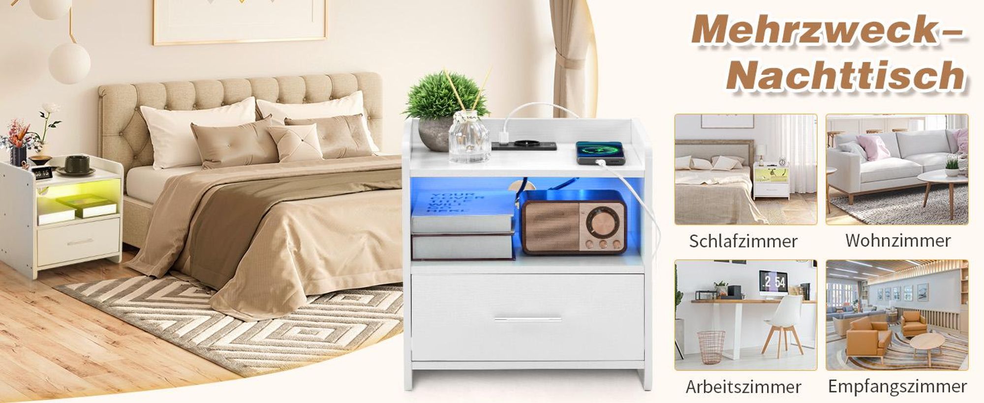 FCH Nachttisch Beistellschrank Nachtschrank mit LED-Beleuchtung,16 LED Farben mit Ladestation und USB-Anschlüssen, Weiß