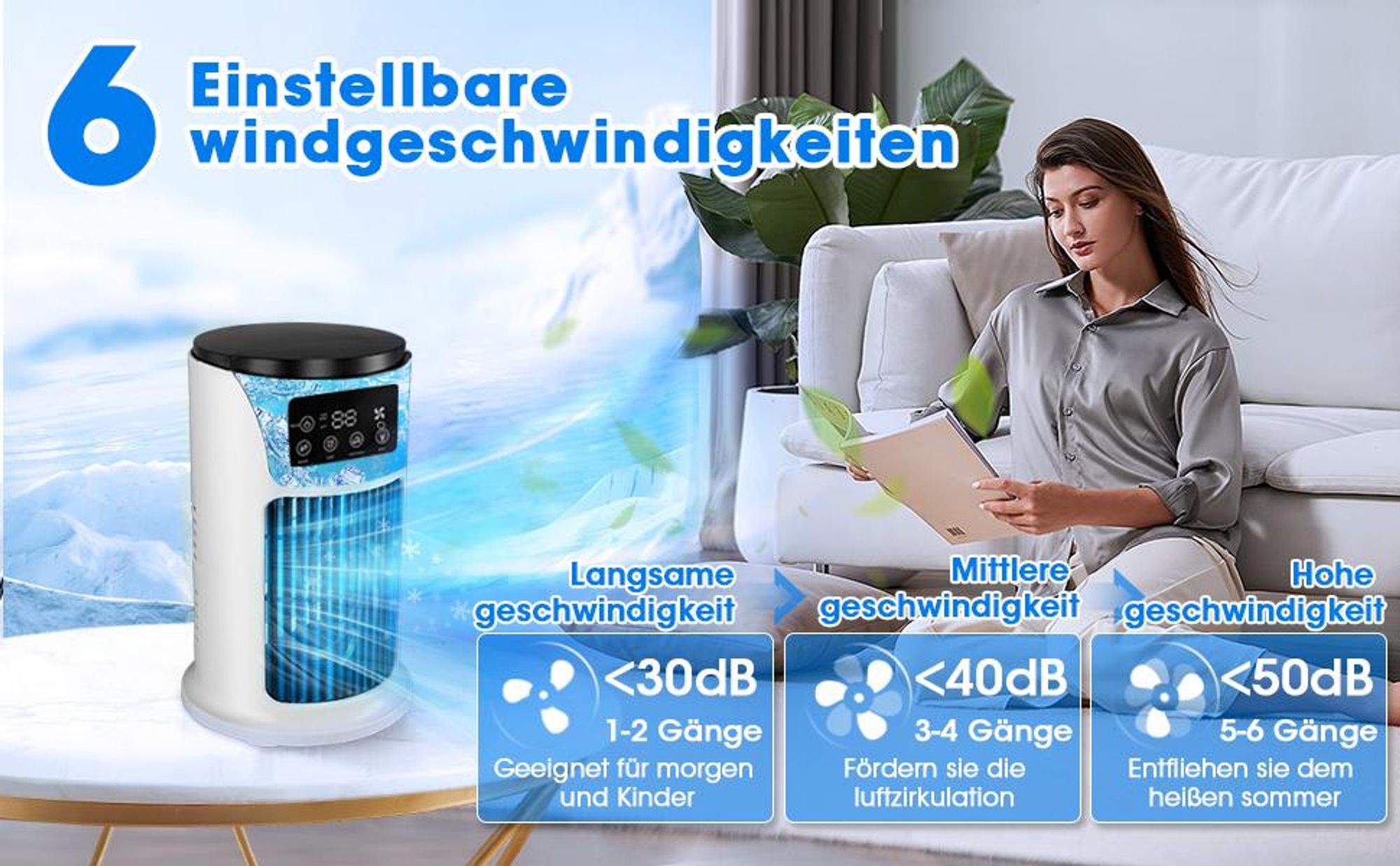 Turmventilator, Tragbare Klimaanlagen, Mobile Klimageräte, Luftkühler mit Wasserkühlung, 6 Einstellbare Geschwindigkeitsstufen, mit 300ml Wassertank