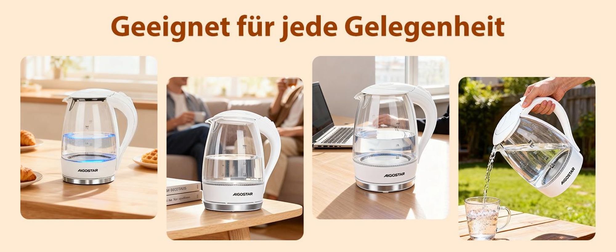 Aigostar Elektrischer Glas Wasserkocher mit LED-Beleuchtung, 2200 Watt, 1,7 Liter, kochtrocknender Schutz, BPA-frei, weiß