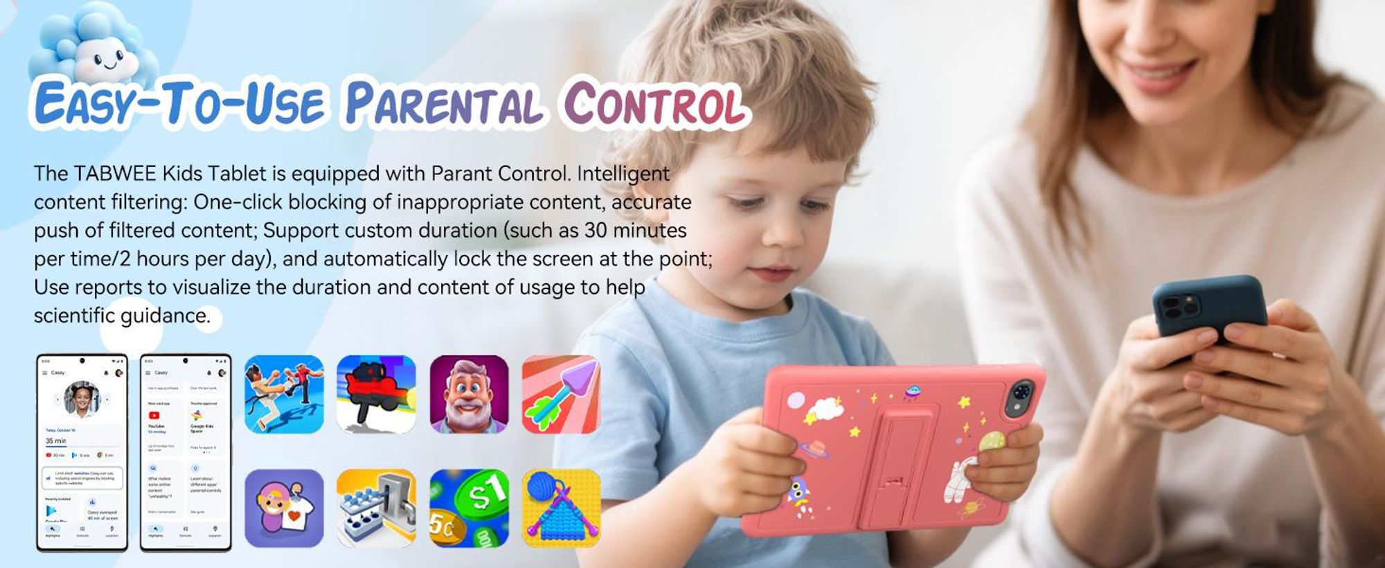 KOBONA-Tabwee K10 Kids 10.1" Rosa Tablet, Google Kids Space, 4GB+64GB, Android 15 WiFi Tablet für Kind mit Kindgerechte Hülle und Stift, 5000mAh