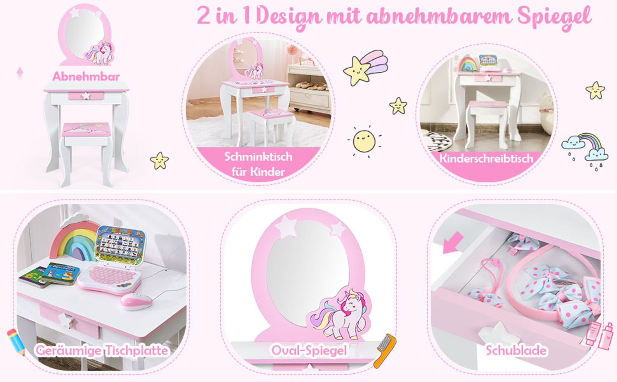 Kinder Schminktisch mit Hocker & Abnehmbarer Spiegel, Frisiertisch für Kinder, Frisierkommode mit Schublade für Mädchen (Weiß)