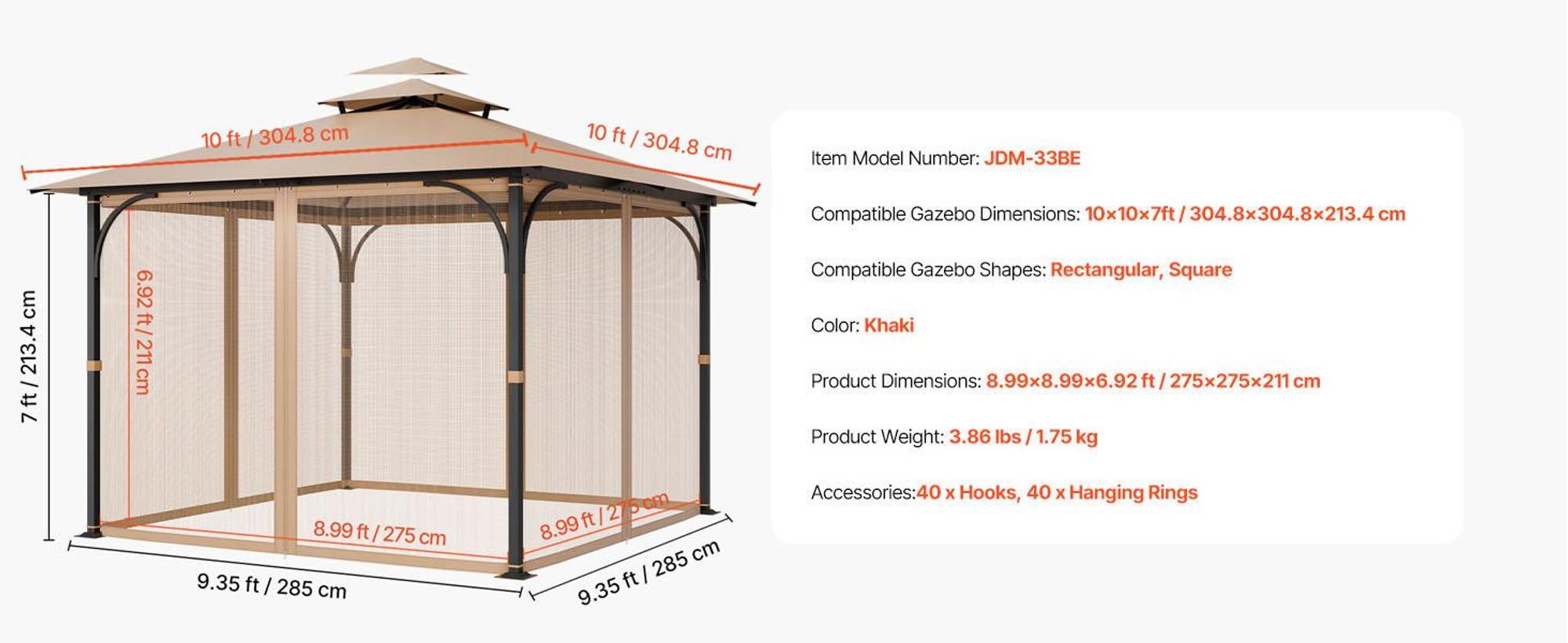 VEVOR Moskitonetz für Pavillons, passend für 304 x 304 x 213 cm große Pavillons, Insektenschutz, 4-teiliger Seitenwandvorhang für Pavillons
