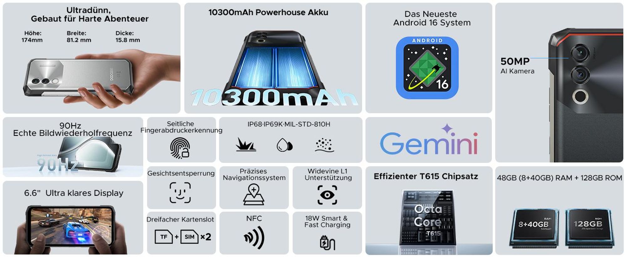 DOOGEE Blade10 Power Outdoor Smartphone Handy, 4G, Android 16, IP68/IP69K, 6,6" 90Hz, 10300mAh, 48+128GB, 50MP, NFC, Fingerabdruck, ohne Vertrag