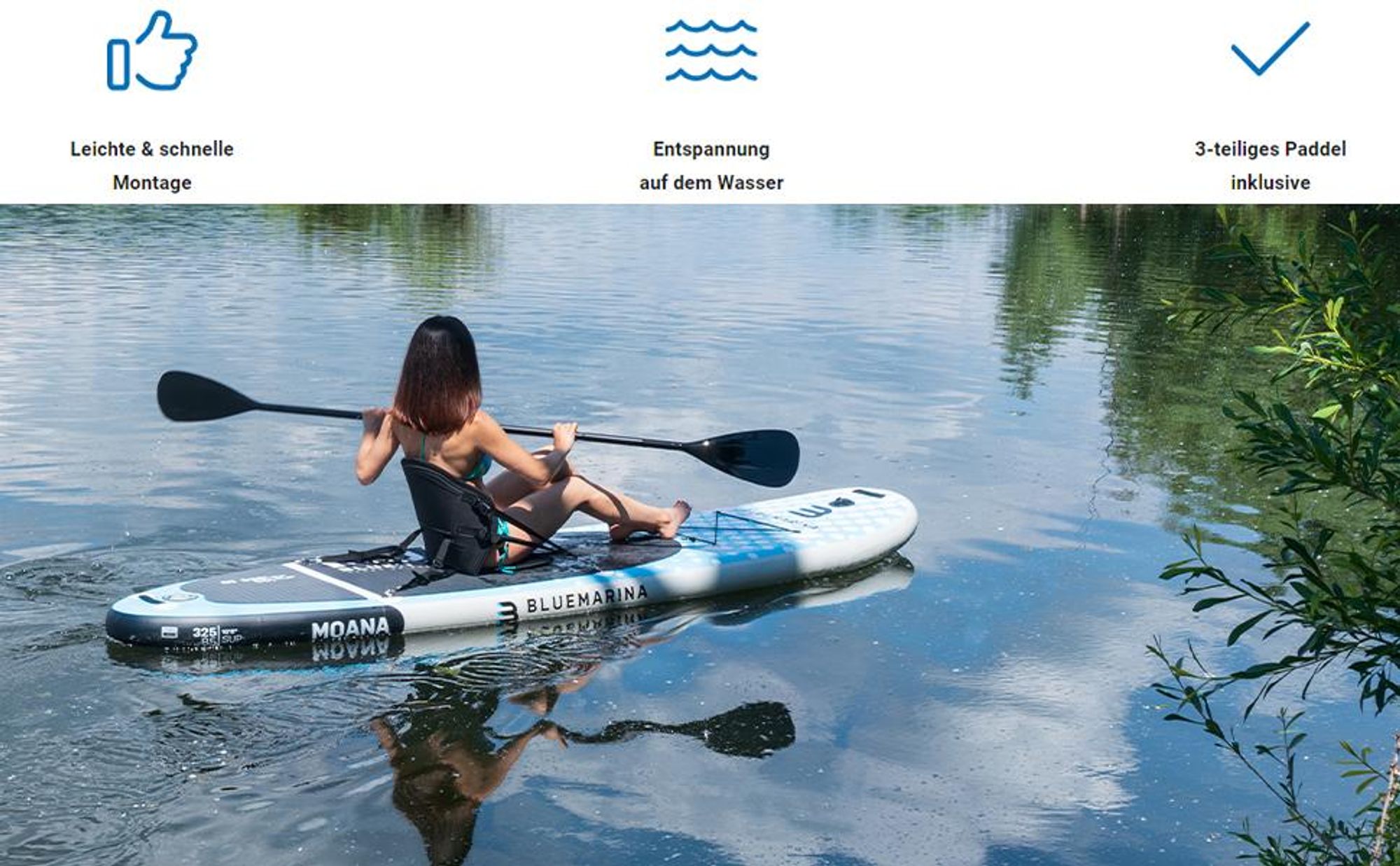 Bluemarina Kajaksitz | SUP Zubehör - Kajak Kanu Stand Up Paddle - inkl. Paddel - Surfboard Sitz - Polster - Rückenlehne - Für Modelle mit 4 D-Ringen