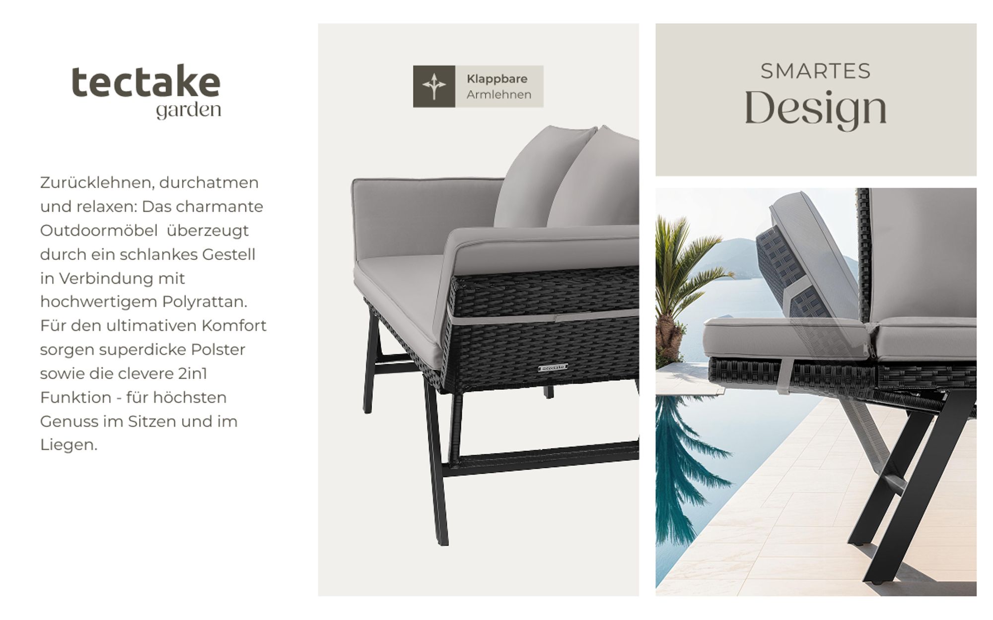 tectake® Rattan-Loungesofa Sintra 2in1 Funktion UV-beständiges und wetterfestes Geflecht