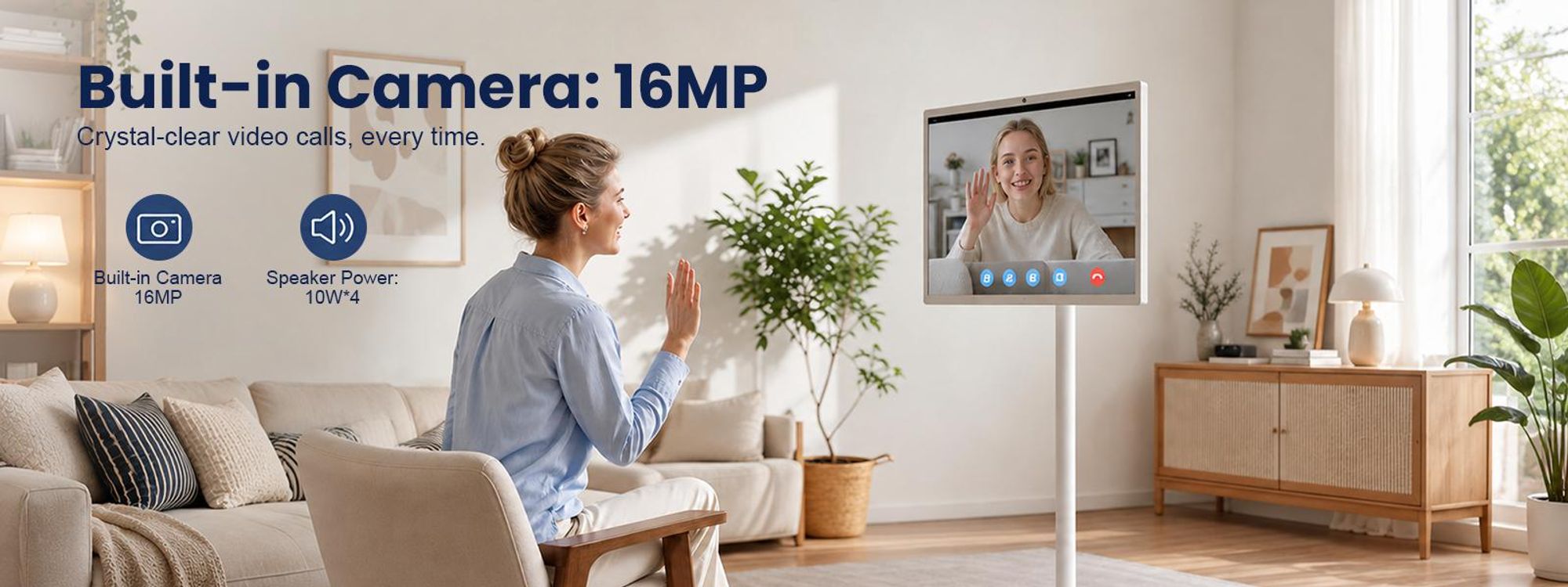 16-MP-Kamera und 4 × 10-W-Lautsprecher für klare Videoanrufe und guten Klang.