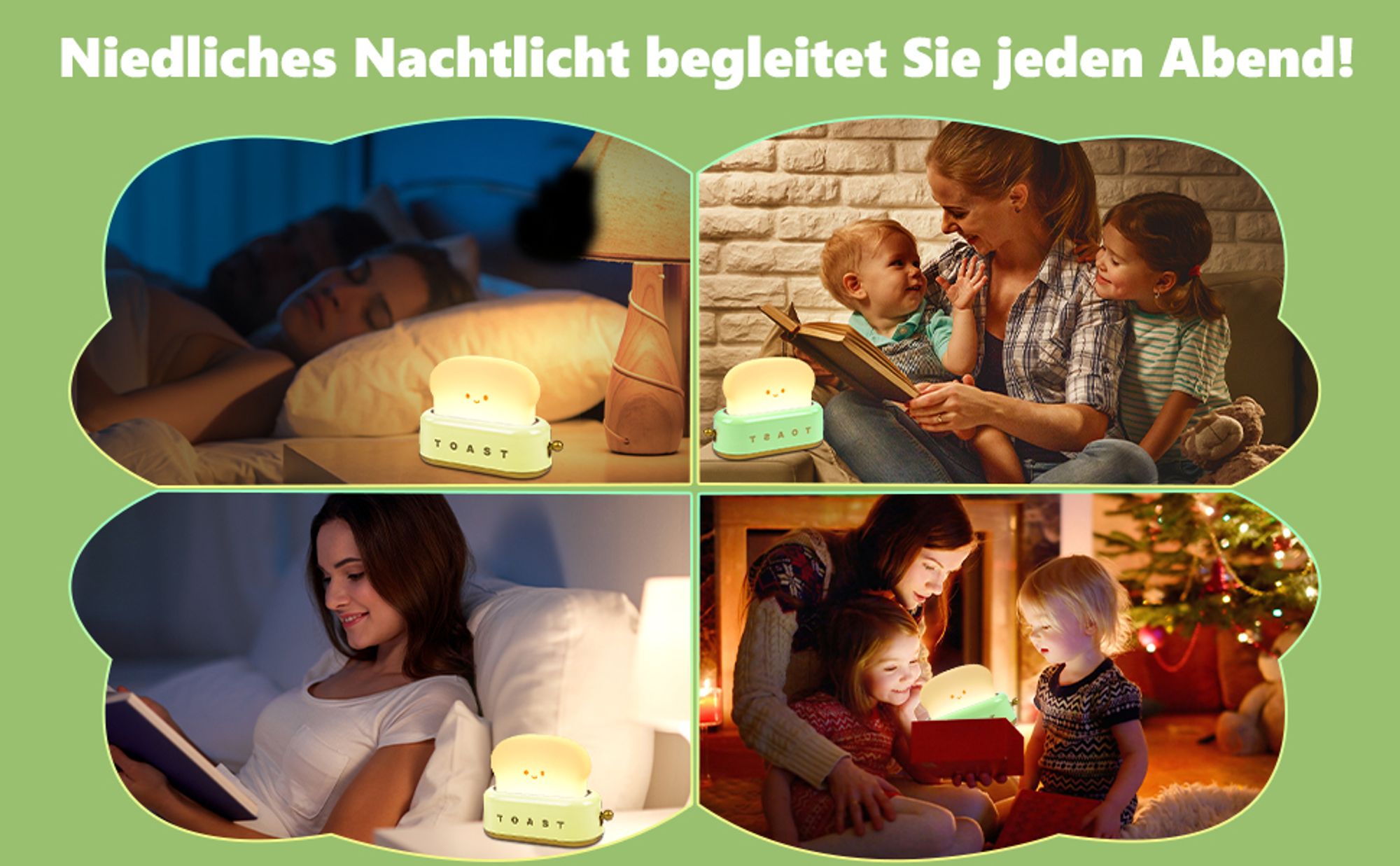 Toast Nachtlicht Kinder, Süßes LED Nachtlicht mit USB Wiederaufladbar und Timer, Weihnachtsgeschenk Schlafzimmer-Nachttischlampe(Grün)