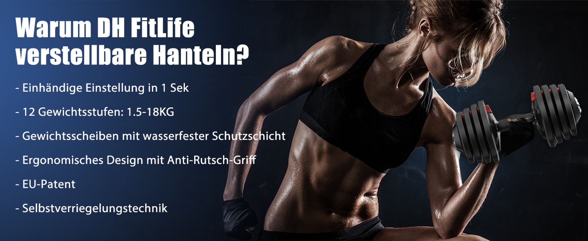 DH FitLife 1 x 18kg (1 Stück) verstellbare Hanteln 1,5 bis 18 KG mit 12 Gewichtsstufen, Kurzhanteln Hanteln Set mit Hantelscheiben, Hanteln Kurzhanteln verstellbar