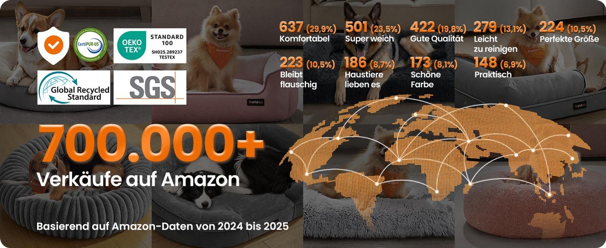 FEANDREA Orthopädisches Hundebett XXL, abnehmbarer Bezug, erhöhte Ränder, rutschfest, waschbar, Haustierbett, dunkelgrau