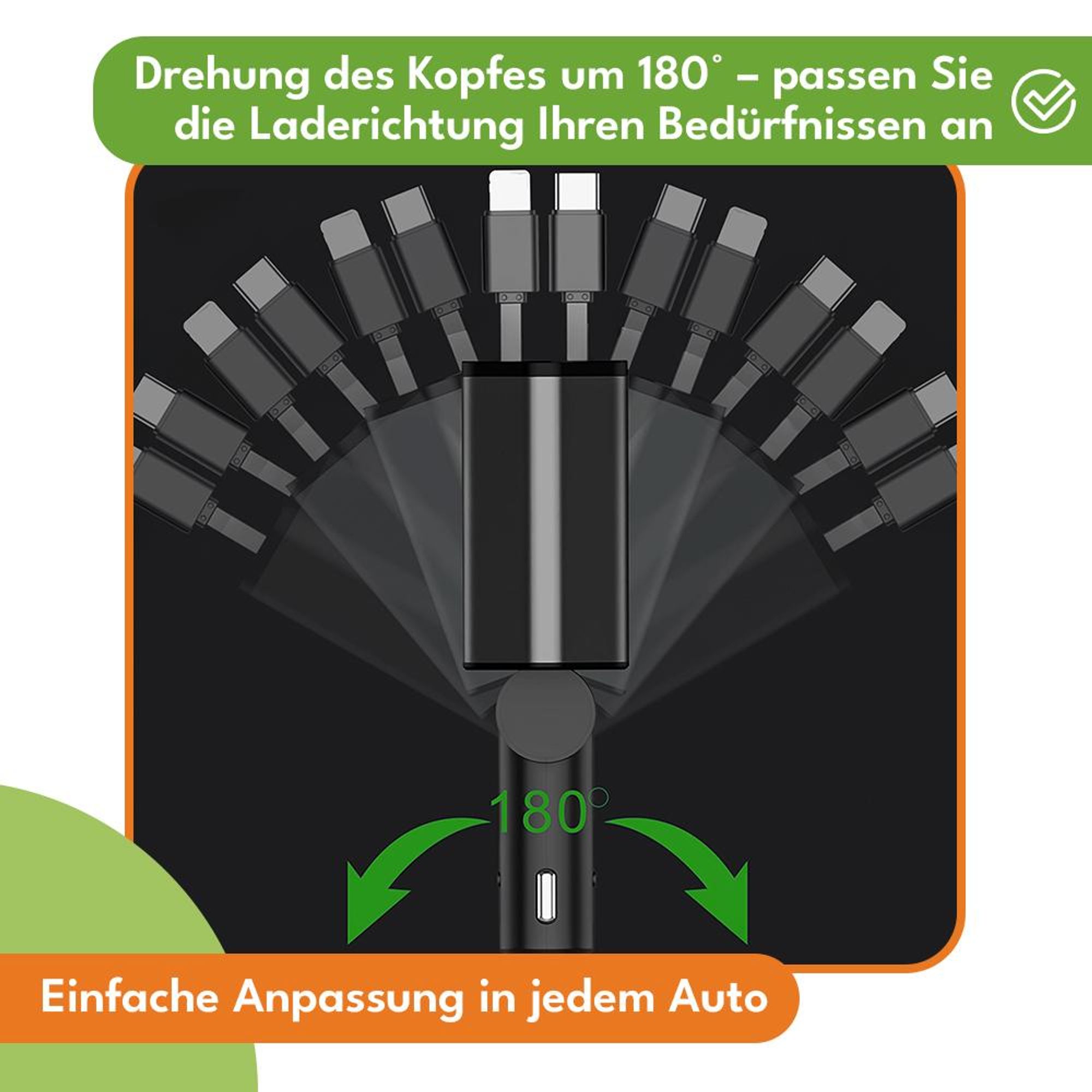 KRUMAD USB-C Autoladegerät 120 W – Zigarettenanzünder 12–24 V mit 2 integrierten Kabeln (USB-C & Lightning), USB-A/USB-C Ports & LED-Anzeige