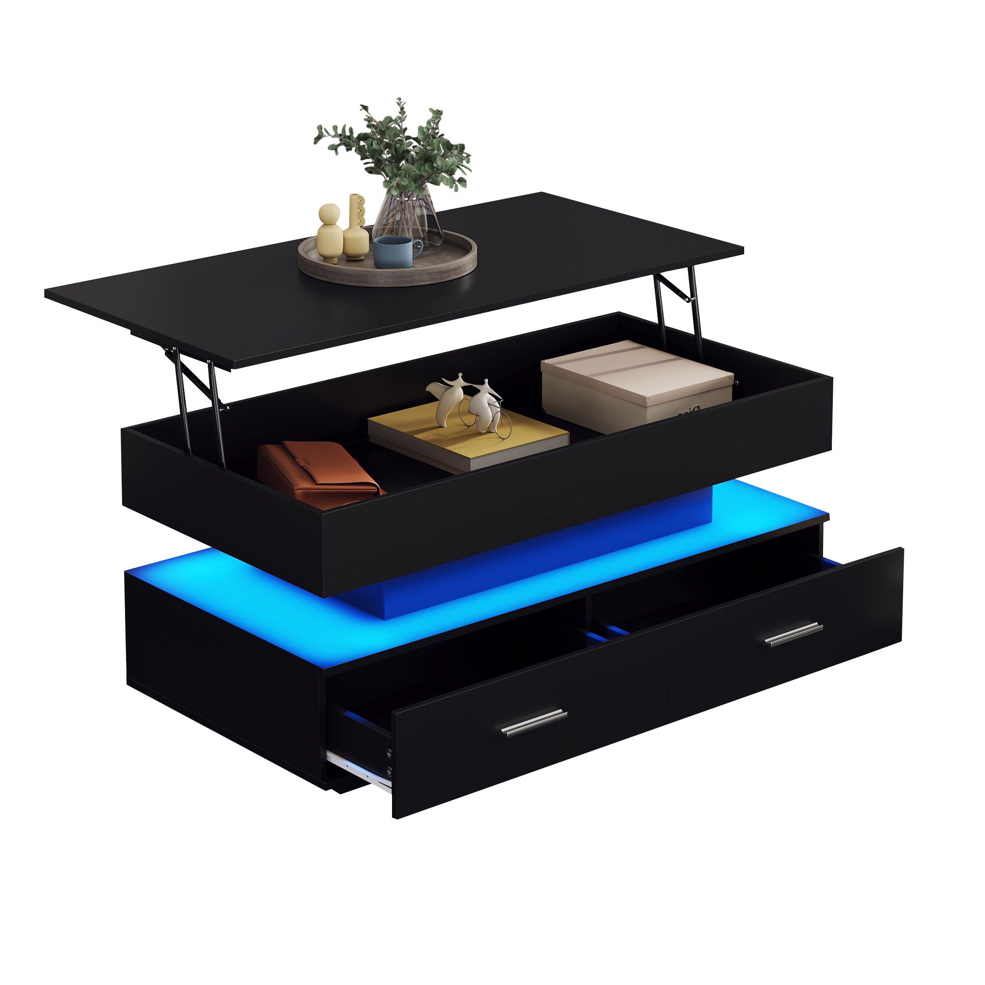 Merax Couchtisch mit LED und Schubladen, Kaffeetisch mit APP Steurung, Beistelltisch mit ausziehbarer Tischplatte, Wohnzimmertisch 100x50x44cm Schwarz