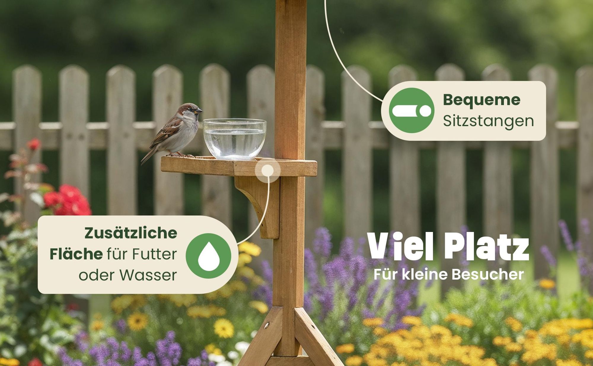 Vogelhaus mit Ständer zooprinz Bird Heaven | 120 cm Höhe | Massivholz Kiefer | Futtersilo & Bitumendach | Wetterfest