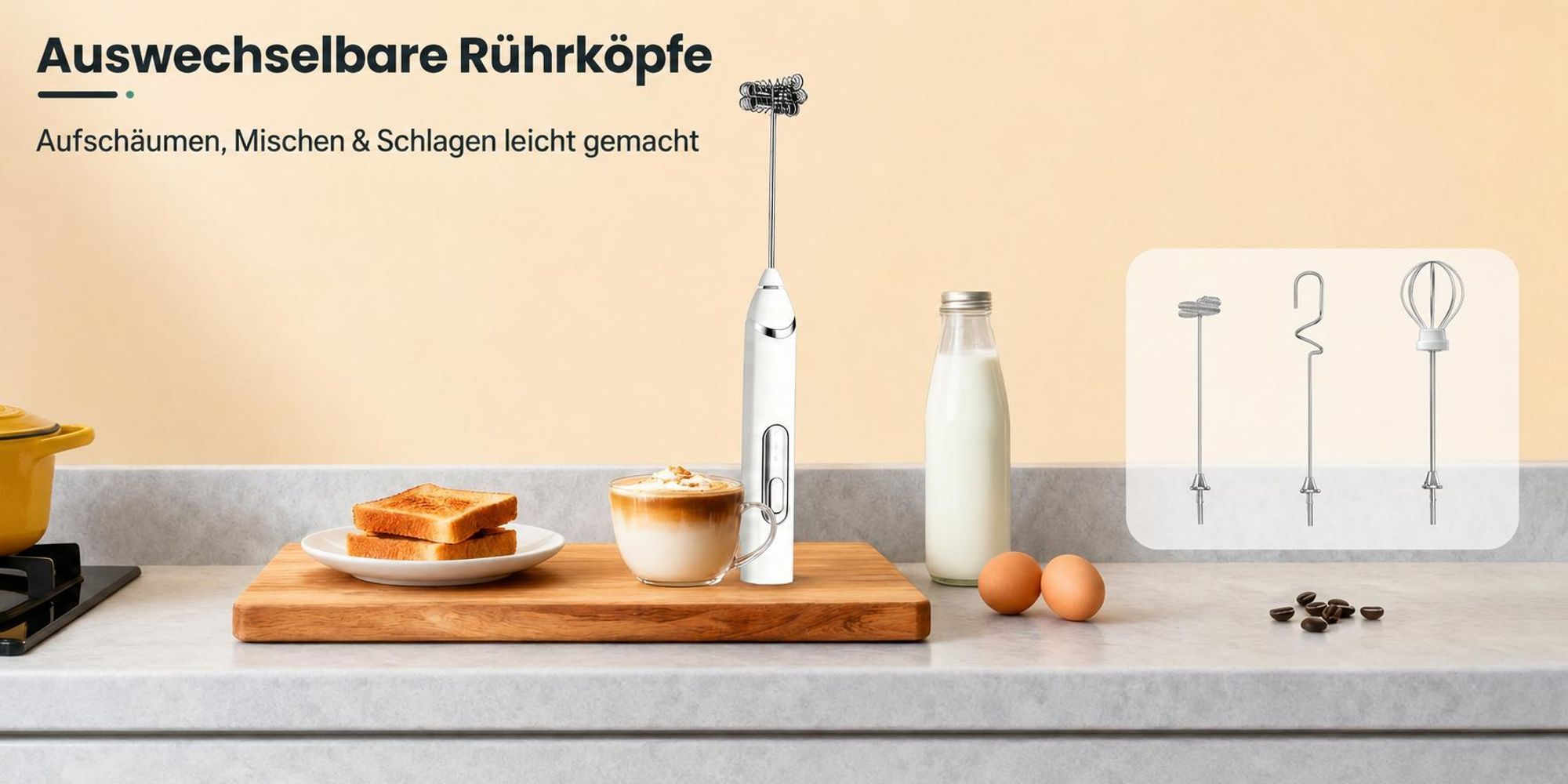 Milchaufschäumer Elektrisch, 3-in-1 Milch Frother mit Ständer, 3 Geschwindigkeiten,  USB-C Aufladbar, für Cappuccino, Latte, Matcha & Protein-Shakes