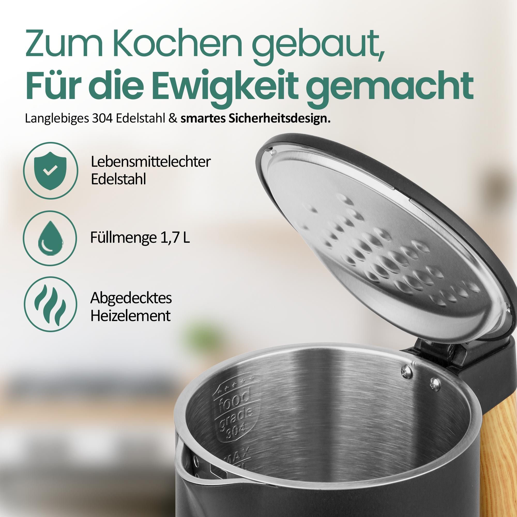Emerio Wasserkocher mit Temperaturregelung 1,7 Liter – Touch-Bedienung und 360° drehbar – Warmhaltefunktion – 2200 W – Retro – WK-132230