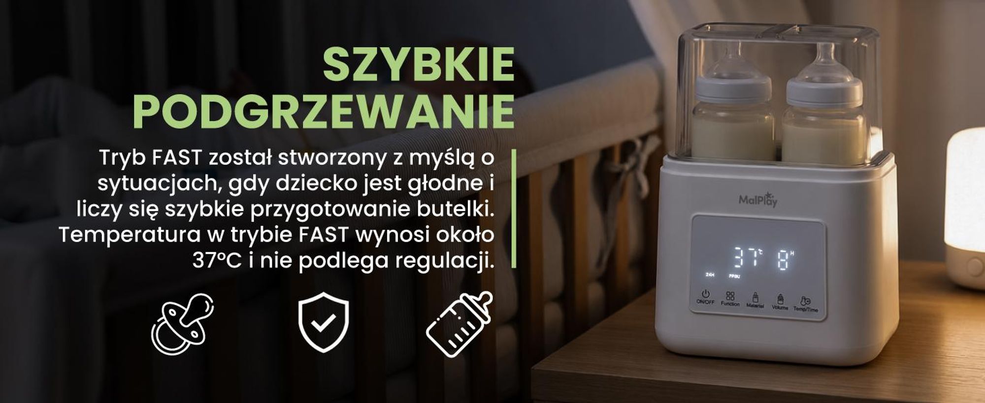 Podrzewacz na dwie butelki mleka ze sterylizatorem i rozmrażaniem, podtrzymująccy ciepło