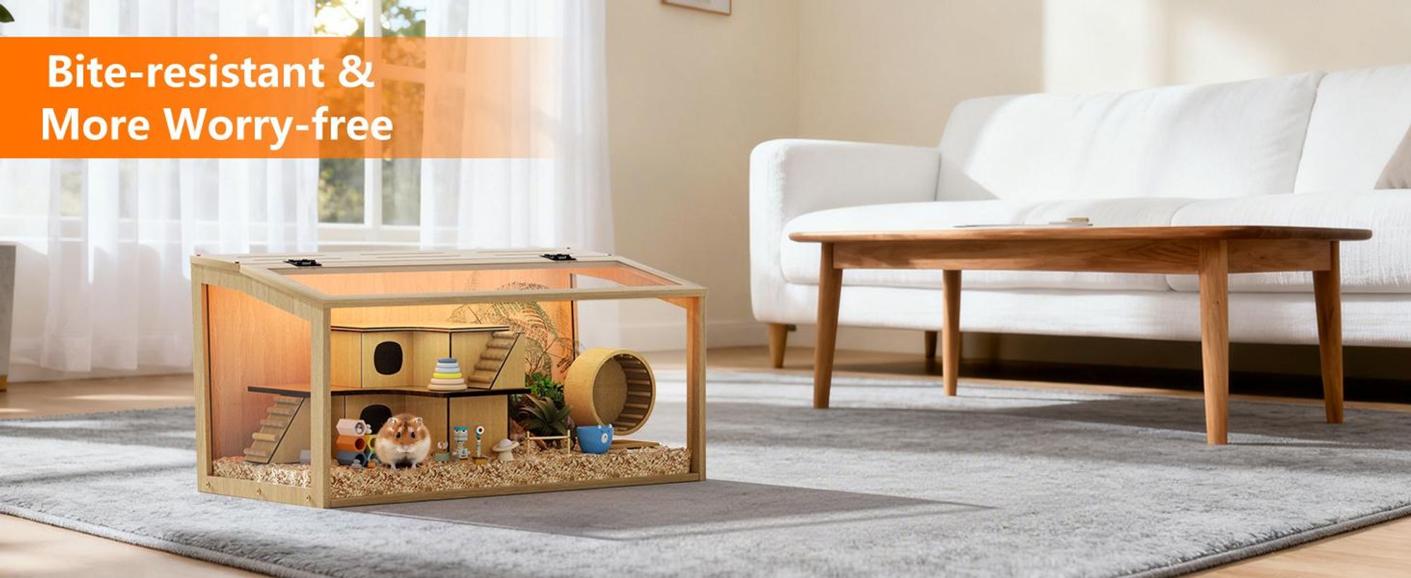 WISFOR Hamsterkäfig mit LED Leuchte, Kleintierhaus aus Holz, Mäusekäfig mit klappbarem Deckel, Sichtfenster, 60 x 40 x 40 cm