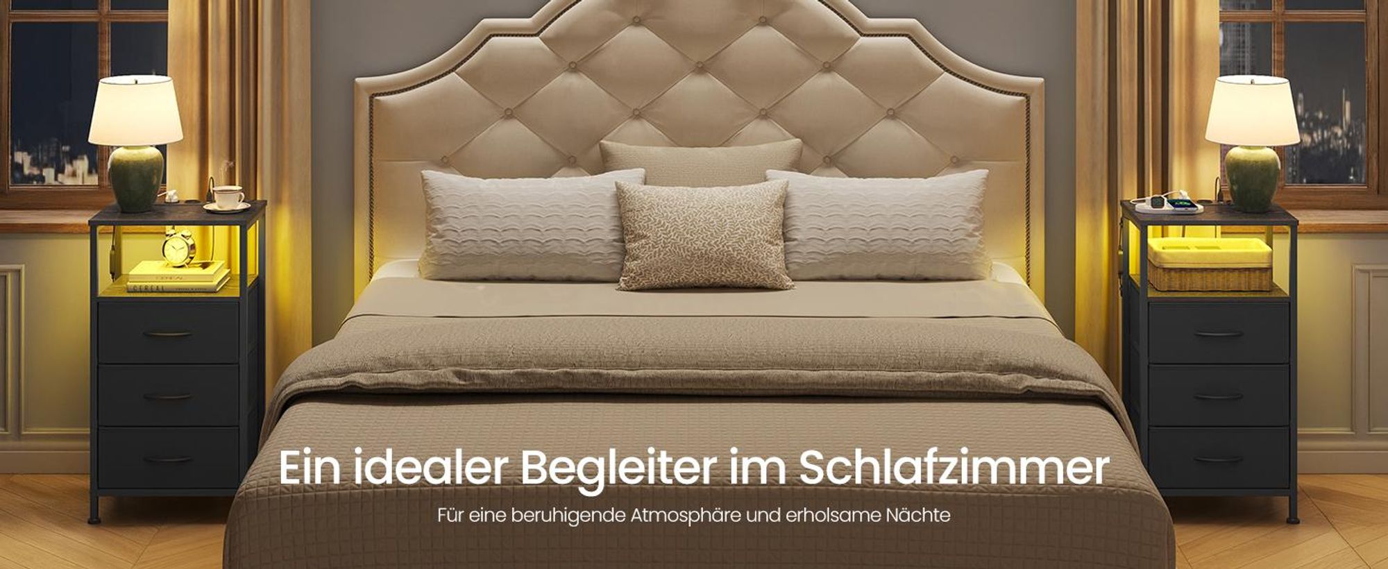 SONGMICS Nachttisch mit LED-Beleuchtung und Ladestation, 2er Set, Nachttisch mit 3 Schubladen und offenem Fach, schwarz