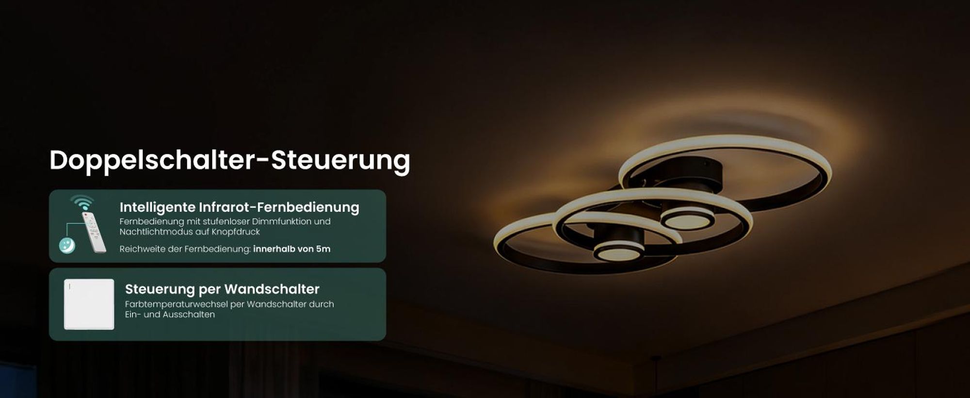 Mai & Mai LED Deckenleuchte Deckenlampe mit Fernbedienung 75cm, Stufenlos dimmbar 3000-6400K, Zimmerlampe 70W Schwarz Alivetta25037