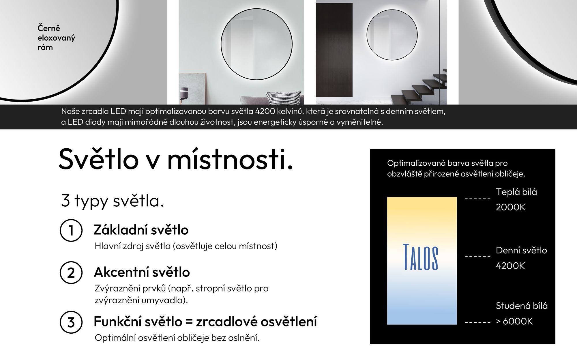 Koupelnové zrcadlo s osvětlením Talos Black Orors Light Ø 120 cm nástěnné zrcadlo - osvětlené zrcadlo s neutrální bílou barvou světla - vysoce kvalitní matný černý hliníkový rám - koupelnové zrcadlo