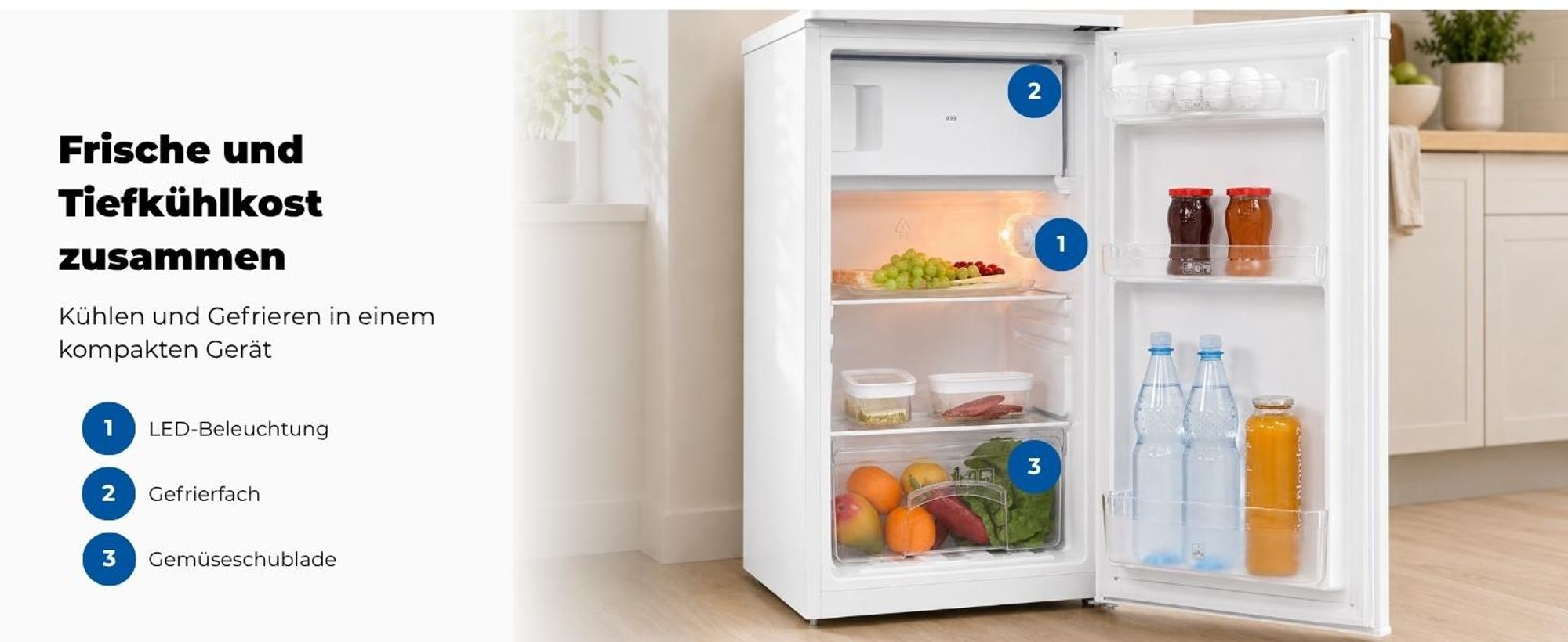 Exquisit Kühlschrank, Kühlschrank mit Gefrierfach, 3-Sterne, 81 Liter, 50 cm Breite, Türanschlag wechselbar, Temperaturregelung, KS5117-3-040E weiss