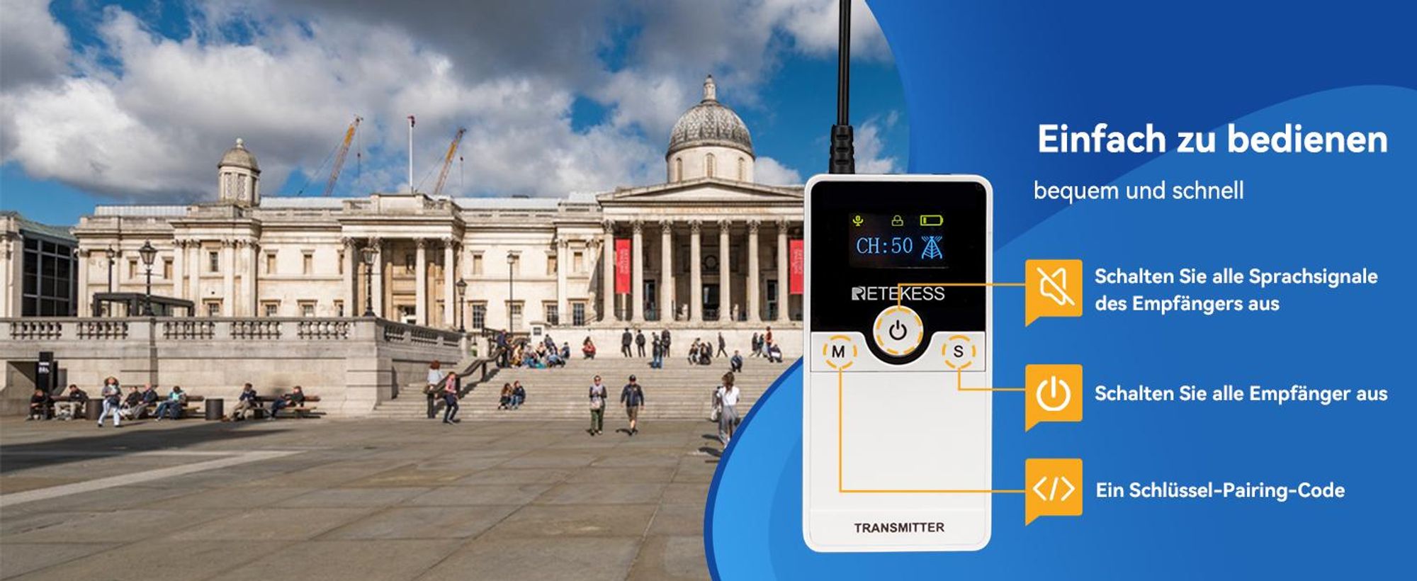 Retekess TT116 Tour guide system , 50-Kanal-Dolmetschersystem, 200 m Lärmreduzierung, Kabelloses Audio System für Tourismus, Kirche, Fabrik, Konferenz