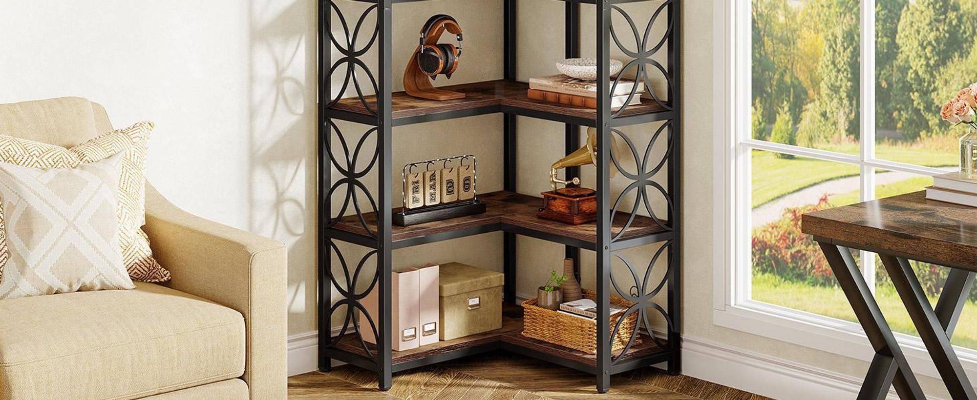 Libreria Tribesigns, libreria angolare in legno alta 7 livelli con struttura in metallo, libreria angolare autoportante soggiorno, cucina, rustico marrone nero