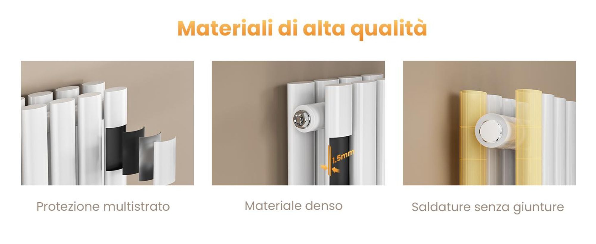 Radiatore di design EMKE 1800 x 600 mm radiatore verticale bianco ovale radiatore attacco centrale riscaldamento a doppio strato, 2175W senza elemento riscaldante