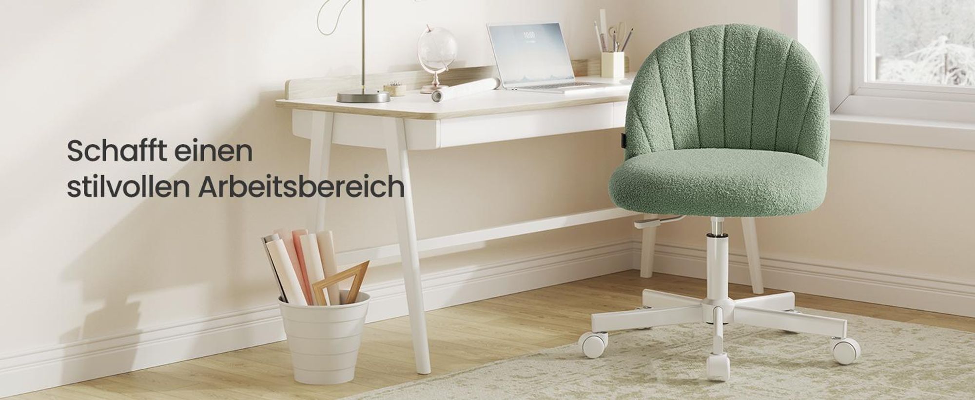 SONGMICS Schminkstuhl, Bürostuhl, Teddy-Fleece-Oberfläche, höhenverstellbar, kompaktes Design, grün