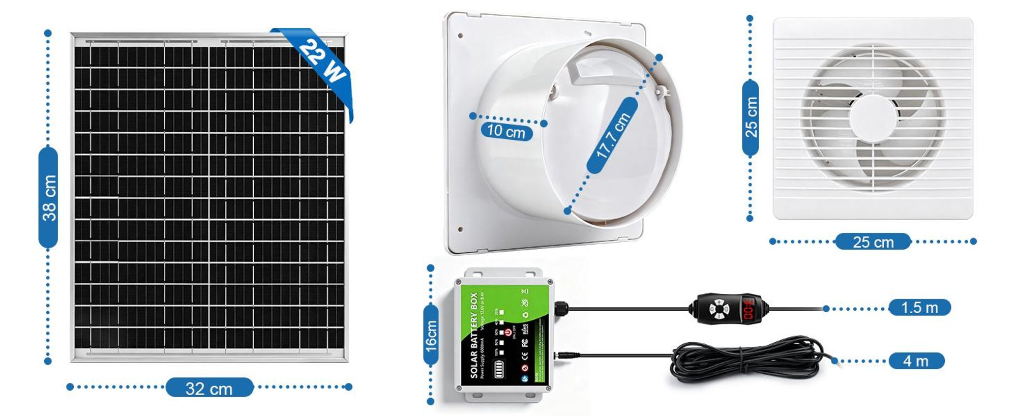 Solar Ventilator mit 8000mAh Powerbank 22W Solarlüfter Ø200mm mit 4M Kabel Lüftungsstufenregelung Zeitfunktion 500 m³/h 36dB für Hühnerstall Treibhaus