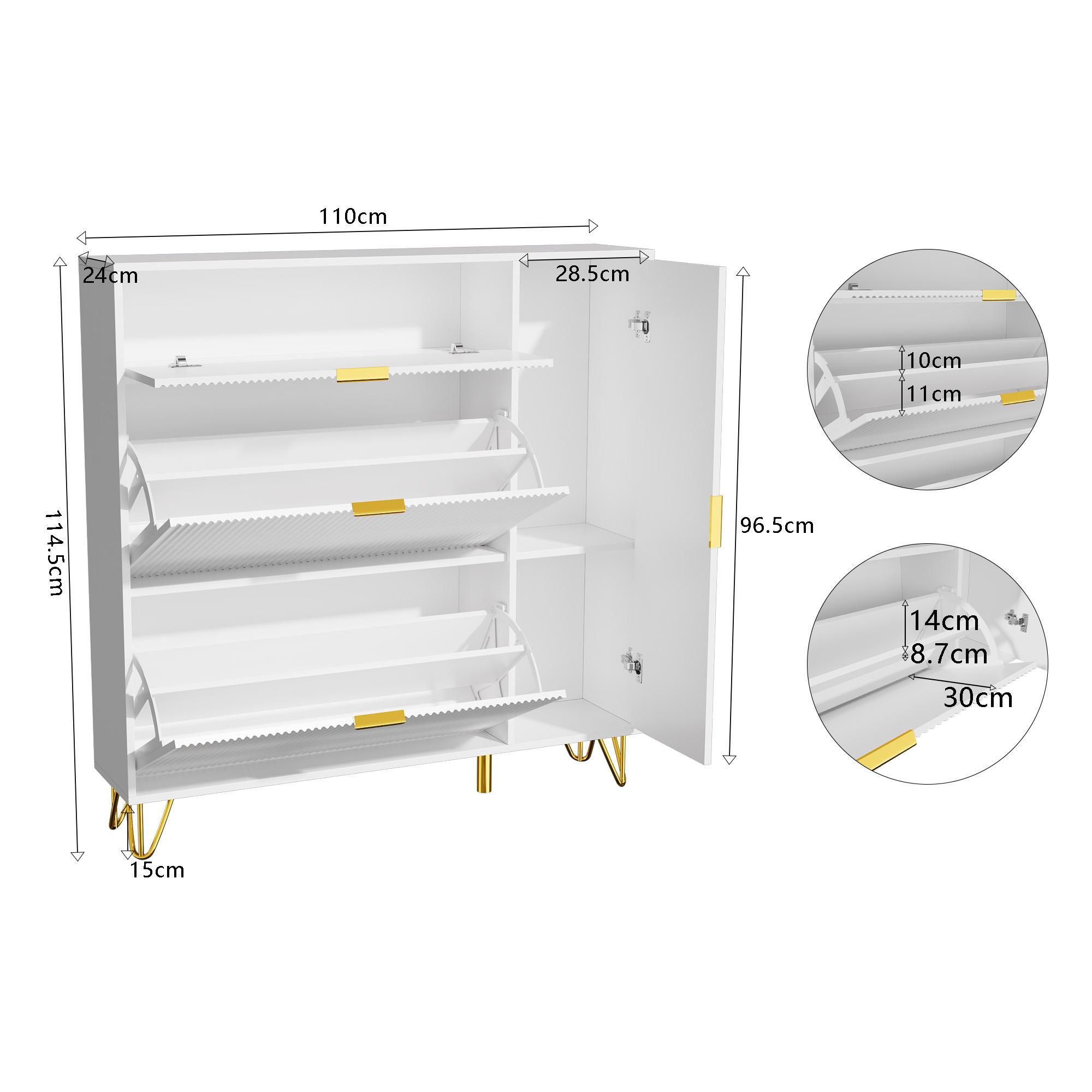Fortuna Lai Modularer Schuhschrank aus MDF mit Goldenen Metallbeinen, verstellbaren Regalen und praktischer Aufbewahrung, Weiß