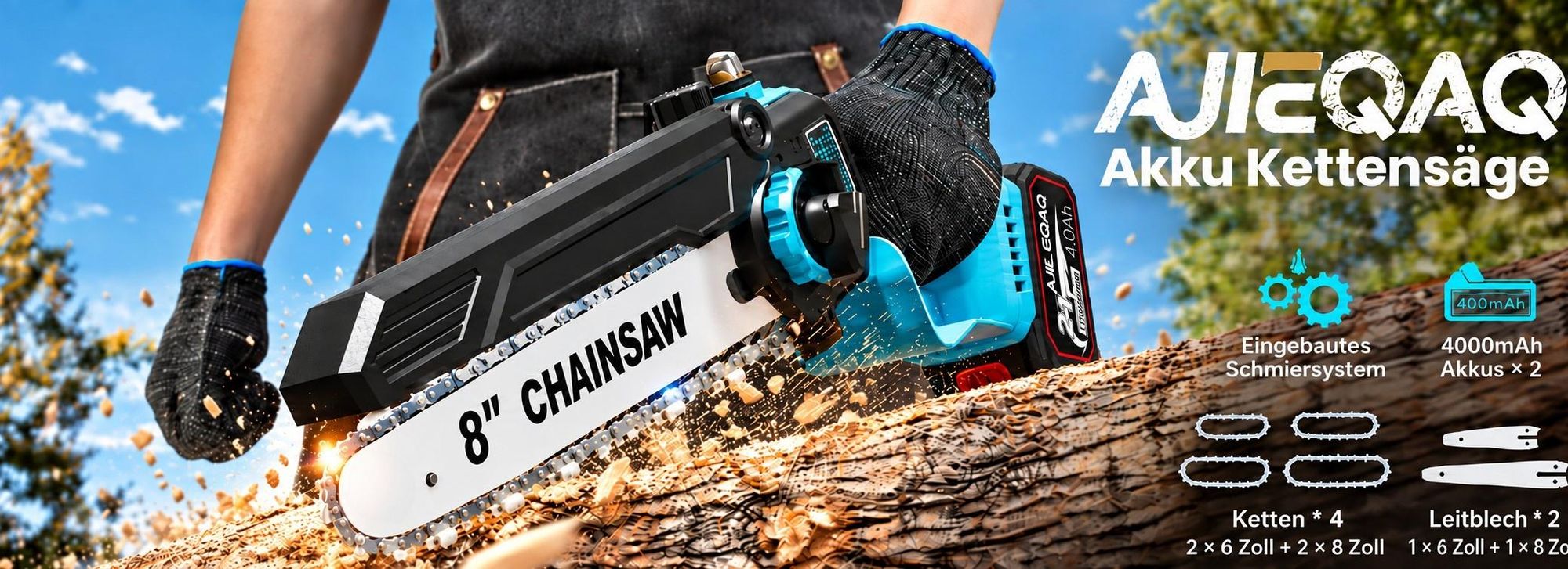 Akku-Kettensäge 6/8 Zoll, 2-in-1 Mini Kettensäge Brushless, 1500W, 2×21V 4,0Ah Akku, Automatische Kettenschmierung, Werkzeuglose Kettenspannung