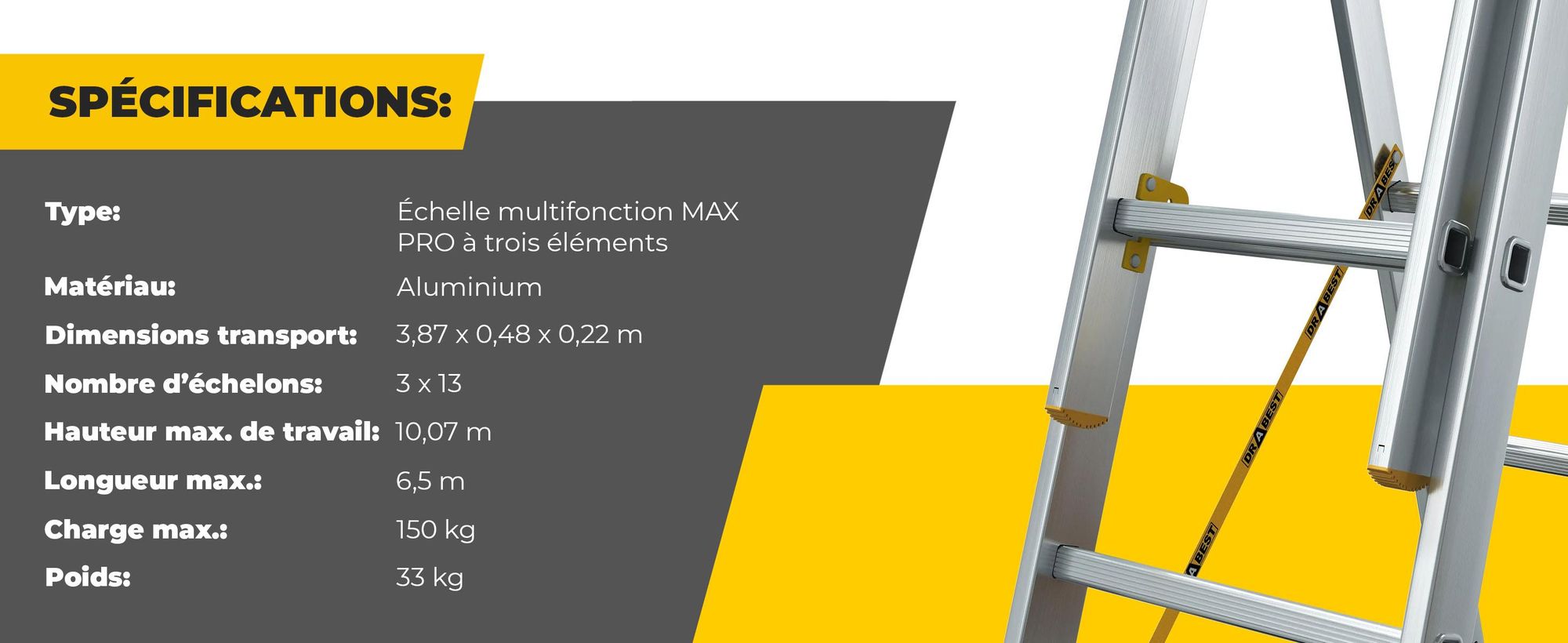 Drabest | Echelle - multifonctionnelle - polyvalente en aluminium - capacité de charge 150kg - 3 sections - 3X13 marches