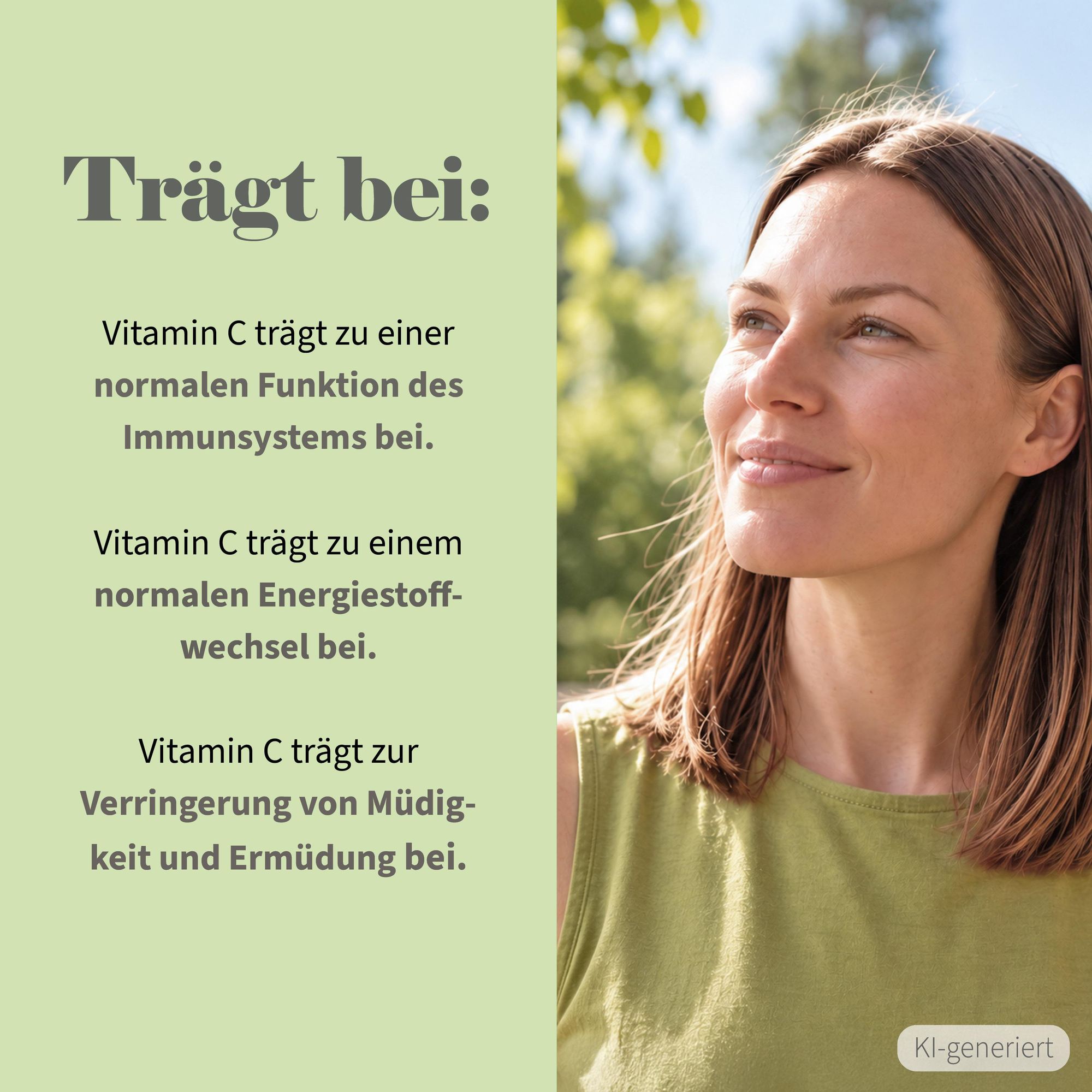 Frau im Sonnenlicht, daneben die zugelassenen Health Claims zu Vitamin C