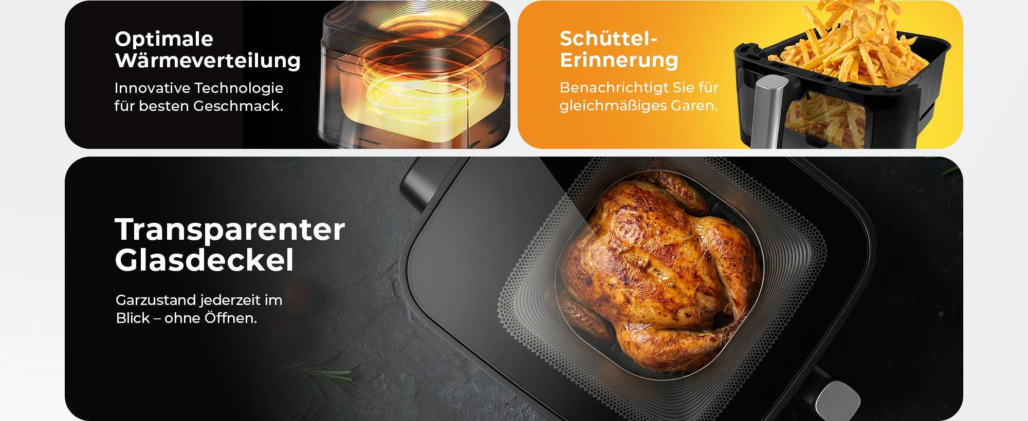 Balter Heißluftfritteuse XXL 6,5L mit Sichtfenster, 1700W, Airfryer, ohne Öl, 12 Programme, Touch-Bedienung, 100 Rezepte, Edelstahl, Schwarz